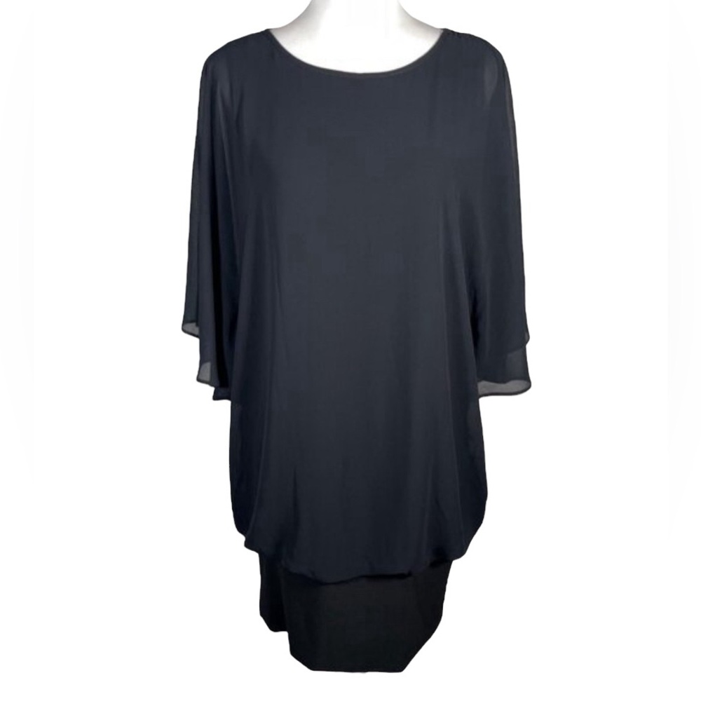 CB Established Black Round Neck Sheer Solid Lining Draped Short Sleeve Dress S
